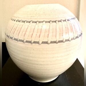 Vintage 80s Huge Studio Art Pottery Bulbous Artisan Vase Blue Rose Stripe Design